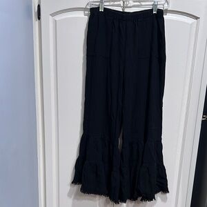 Umgee Black Ruffled Wide-Leg Pants